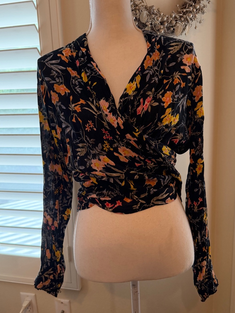 Patrons of Peace Black Floral Wrap Blouse with Yellow & Pink Accents